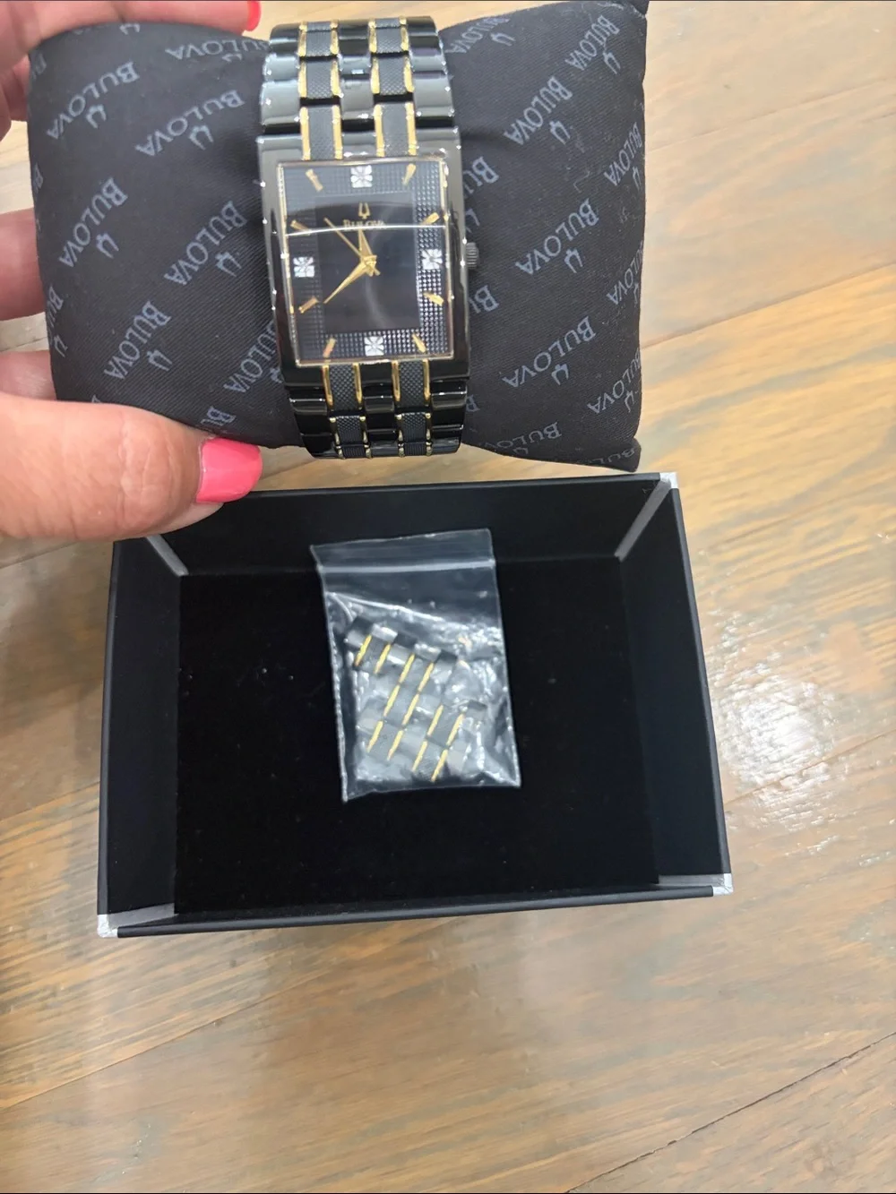 Men's Bulova Diamond Accent Two-Tone Black & Gold Rectangular Dial (98D004) NWT